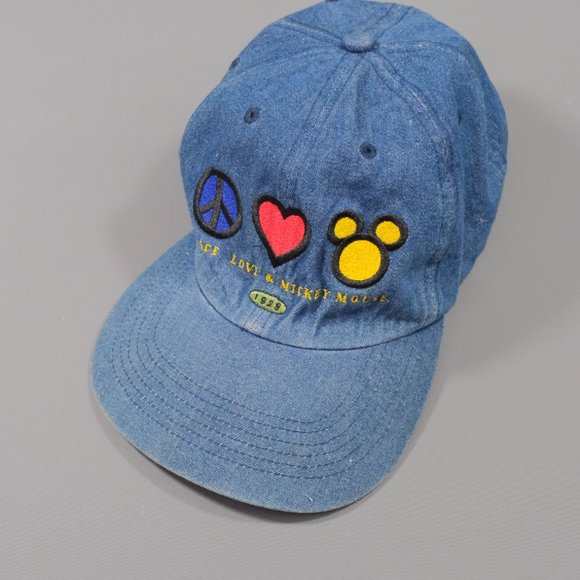 Disney Accessories - Mickey Mouse Peace Love and Mickey Mouse Cap Vintage Denim Strap Back